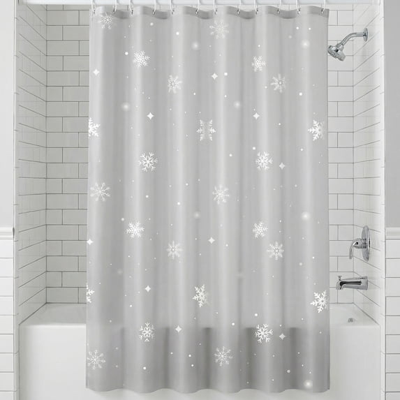 REGALWOVEN Semi-Transparent Patterned PEVA Shower Curtain, Waterproof Shower Curtain Sets with 12 Plastic Hooks for Home, Hotel White Snowflake 71"W x 71"L