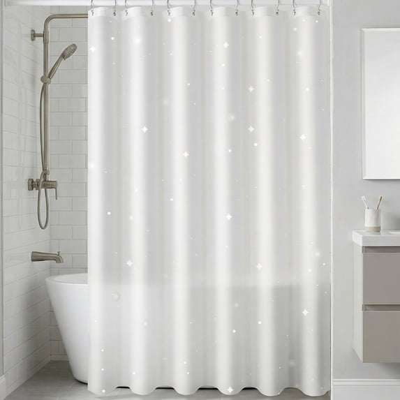 REGALWOVEN Semi-Transparent Patterned PEVA Shower Curtain, Waterproof Shower Curtain Sets with 12 Plastic Hooks for Home, Hotel White Star 71"W x 71"L