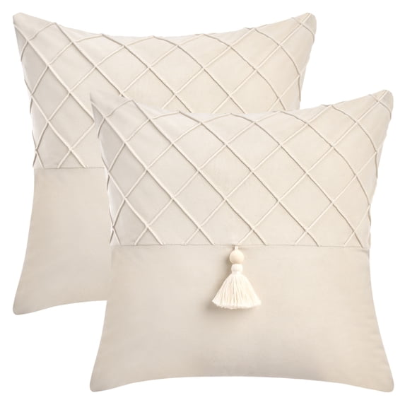REGALWOVEN Set of 2 Diamond Pattern Throw Pillow Covers with Tassel Boho Soft Decorative Pillow Cases for Farmhouse Home Decor White 18" x 18"