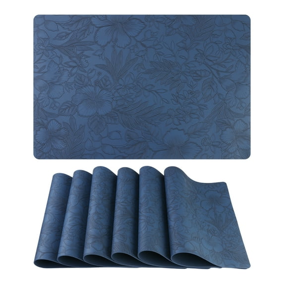 REGALWOVEN Set of 6 Faux Leather Placemats for Kitchen Dining Table Decor, Washable Table Placemats Wipeable Table Mat Dark Blue 18*12in