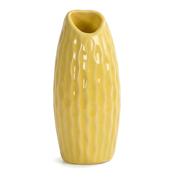 REGALWOVEN Small Ceramic Bud Modern Cylinder Vase, Matte Ribbed Decorative Flower Vase for Desktop, Shelf & Bathroom, Boho Yellow 2.4"L x 2.4"W x 5.1"H