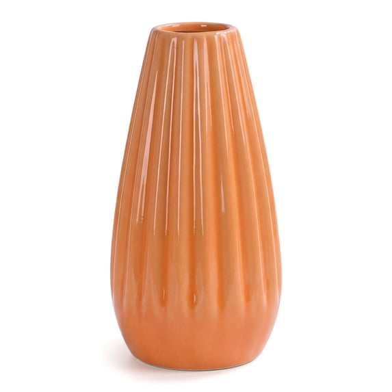 REGALWOVEN Small Ceramic Bud Vase Cylinder Vase, Matte Ribbed Decorative Flower Vase for Desktop, Bathroom, Home Decor Accent Orange 2.4"L x 2.4"W x 5.1"H