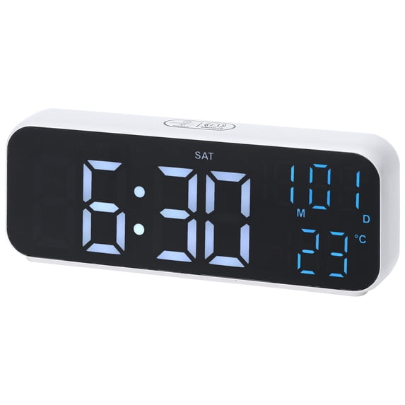 REGALWOVEN Small Dual Alarm Clock for Bedroom, Dimmable, DST, Snooze,12/24H, Alarms with Indoor Temperature, Decorate for Bedroom 6.7 x 2.4 x 1.2 inch White Blue