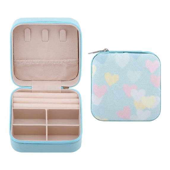 REGALWOVEN Square Jewelry Box for Women, PU Leather Jewelry Organizer with Zipper Heart Pattern, Single Layer Design Light Blue