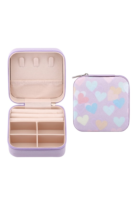 Square Jewelry Box for Women, PU Leather Jewelry Organizer with Zipper Heart Pattern, Single Layer Design Light Purple