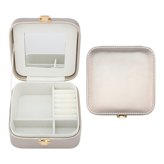 REGALWOVEN Square PU Leather Jewelry Box with Mirror for Women, Single Layer Jewelry Organizer with Snap Closure Champagne Gold