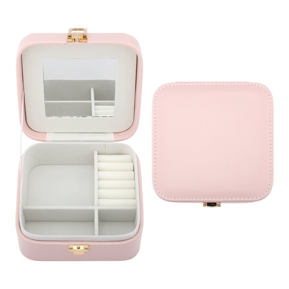 REGALWOVEN Square PU Leather Jewelry Box with Mirror for Women, Single Layer Jewelry Organizer with Snap Closure Pink