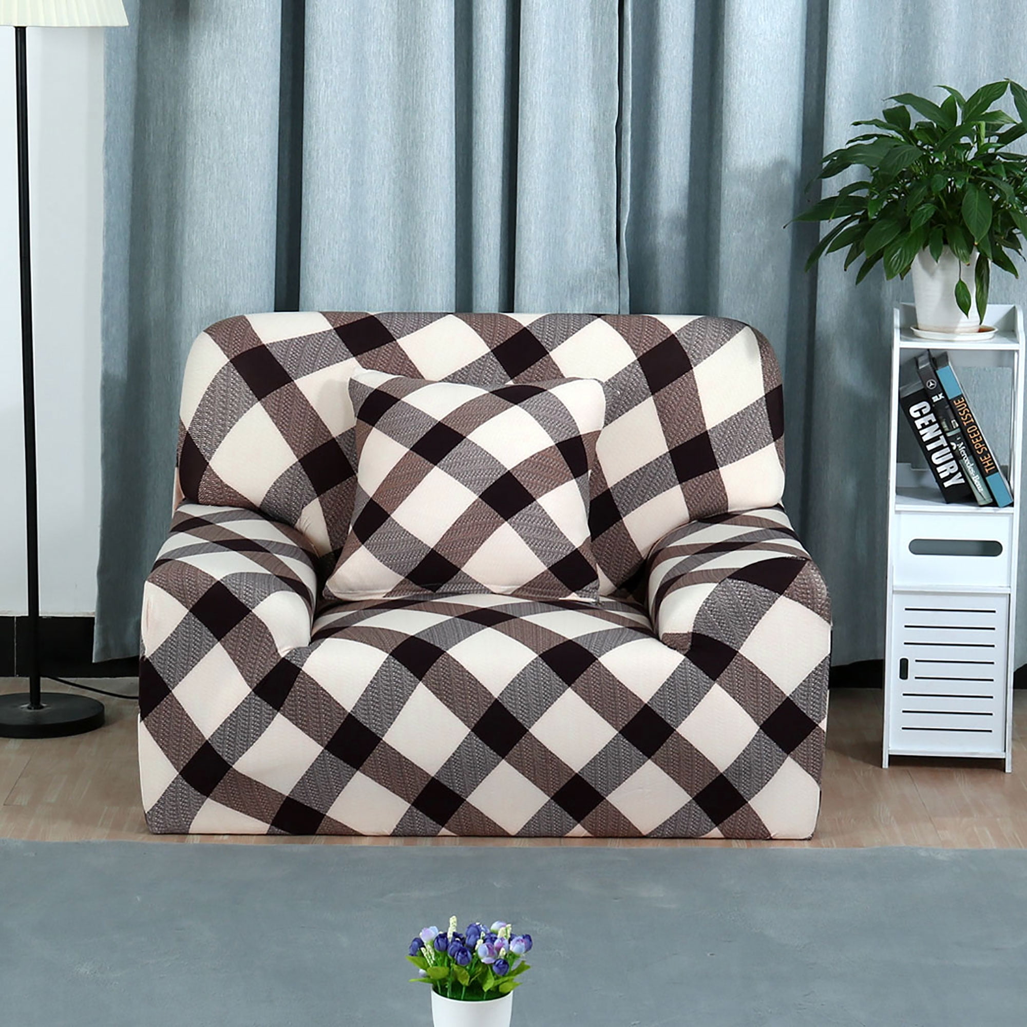 REGALWOVEN Stretch Spandex Sofa Cover 1 Seat Plaid Couch Slipcover Brown