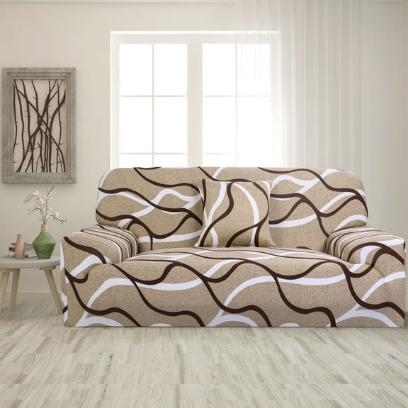 REGALWOVEN Stretch Spandex Sofa Cover 2 Seat Line Print Couch Slipcover Brown