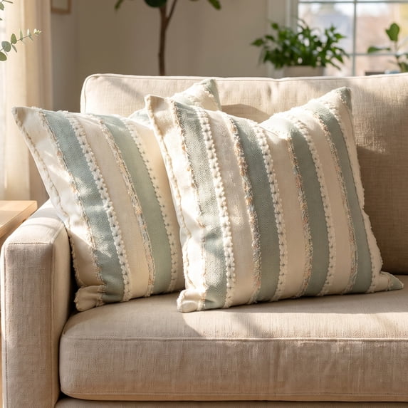 REGALWOVEN Textured Frayed Striped Throw Pillow Covers Set of 2 for Home Decor with Bohemian Style Bean Green 18 x 18 Inch