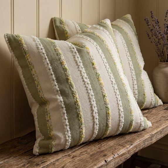 REGALWOVEN Textured Frayed Striped Throw Pillow Covers Set of 2 for Home Decor with Bohemian Style Sage Green 18 x 18 Inch