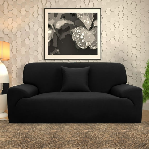 REGALWOVEN Thick Stretch Sofa Cover 3 Seater Solid Couch Cover, Black
