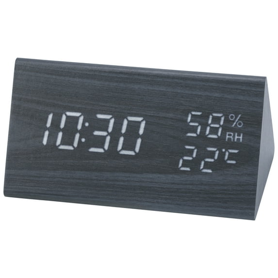 REGALWOVEN Triangular Electric Alarm Clock, Voice Function, Battery Backup, Wood Grain Casing Design, Fits Bedroom Black 5.9"L x 3.1"W x 3.1"H