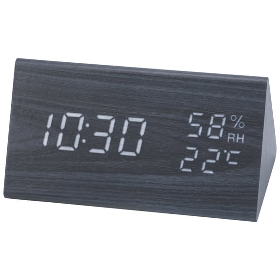 REGALWOVEN Triangular Electric Alarm Clock, Voice Function, Battery Backup, Wood Grain Casing Design, Fits Bedroom Black 5.9"L x 3.1"W x 3.1"H