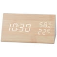 thumbnail image 1 of REGALWOVEN Triangular Electric Alarm Clock, Voice Function, Battery Backup, Wood Grain Casing Design, Fits Bedroom Khaki 5.9"L x 3.1"W x 3.1"H, 1 of 6