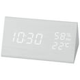 thumbnail image 1 of REGALWOVEN Triangular Electric Alarm Clock, Voice Function, Battery Backup, Wood Grain Casing Design, Fits Bedroom White 5.9"L x 3.1"W x 3.1"H, 1 of 6