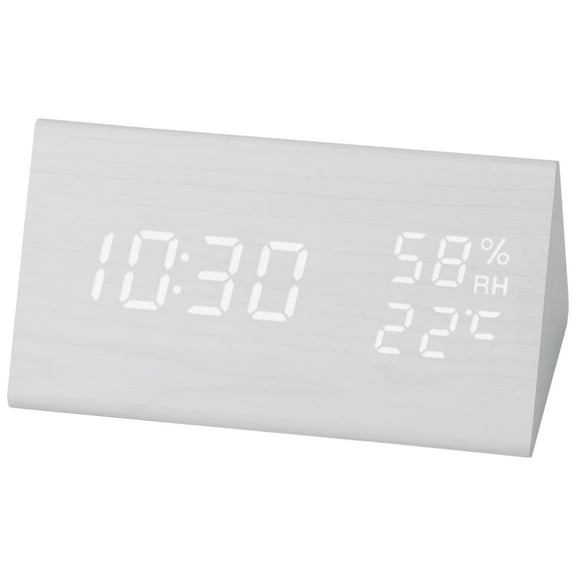 REGALWOVEN Triangular Electric Alarm Clock, Voice Function, Battery Backup, Wood Grain Casing Design, Fits Bedroom White 5.9"L x 3.1"W x 3.1"H