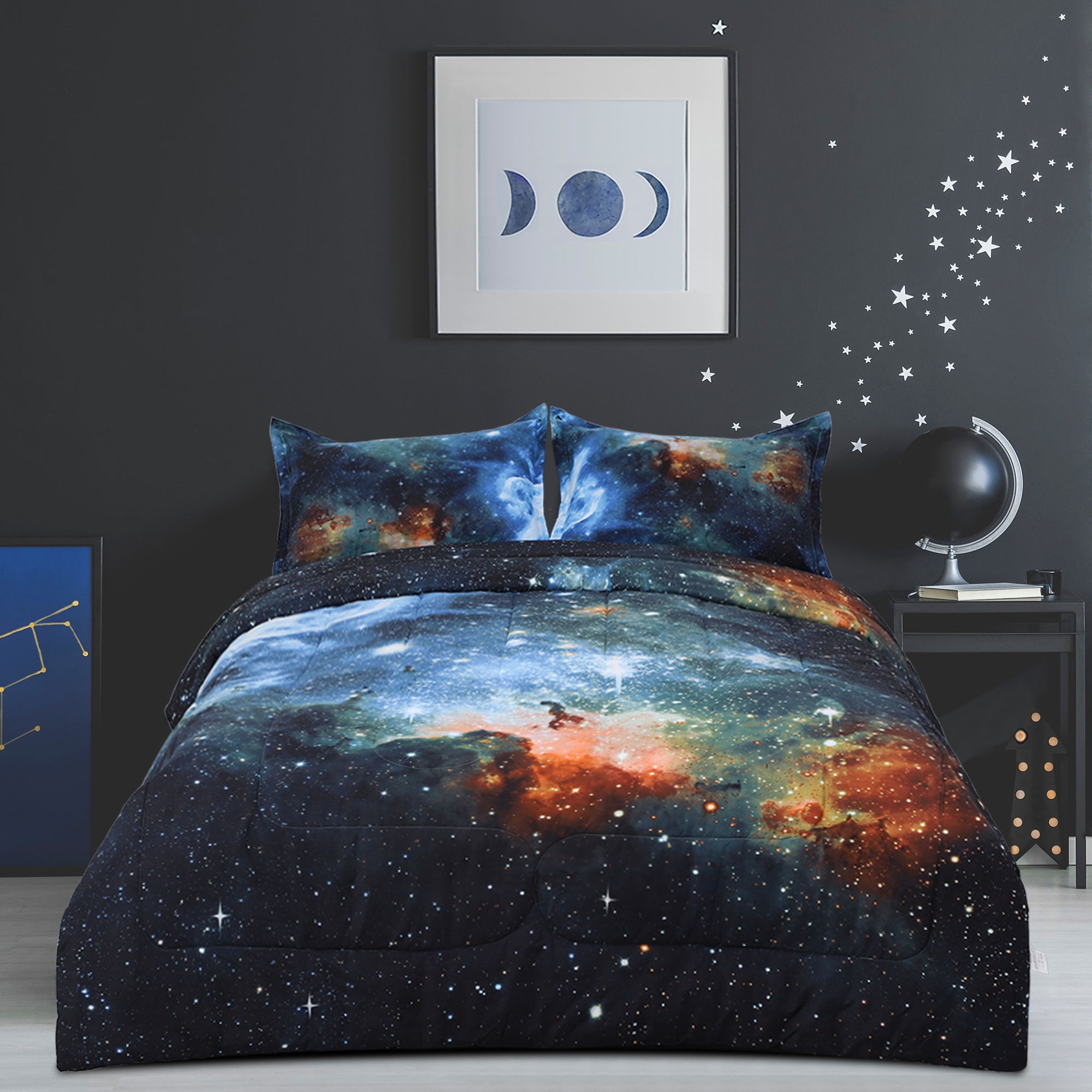 REGALWOVEN Twin 3Pcs Galaxy All-Season Comforter Set for Kid's Bedroom, Blue, Includes 1 Comforter, 2 Pillow Cases