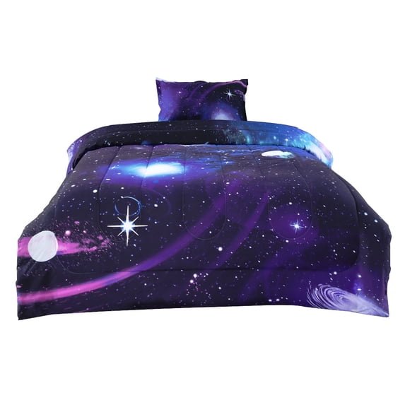 REGALWOVEN Twin All-season Quilted Comforter Set Reversible Galaxies Purple with 1 Pillowcase