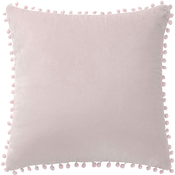 REGALWOVEN Velvet Square Decorative Throw Pillowcase with Pompoms, 16"x16" Pale Pink
