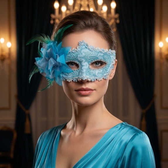 REGALWOVEN Venetian Masquerade Mask, Side Flower Rose Eye Mask for Halloween Costume Party, Elegant Romantic Decor Blue 6.3" x 4.3"