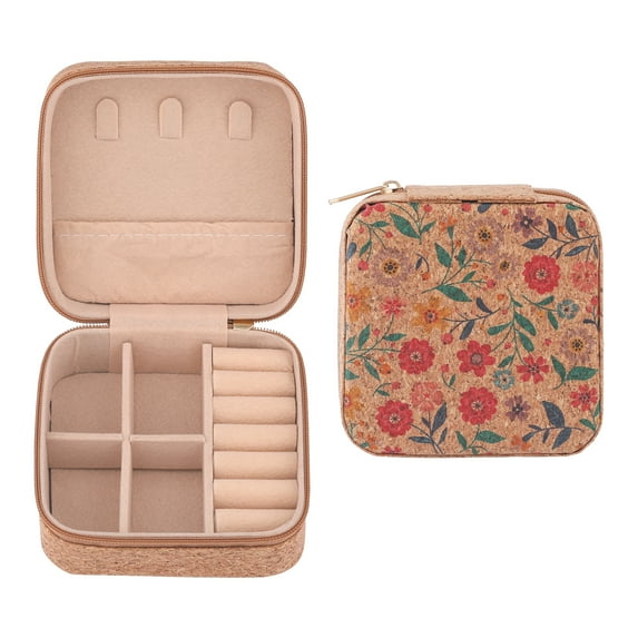 REGALWOVEN Vintage Jewelry Box for Women, Square PU Leather Jewelry Organizer with Zipper Flower
