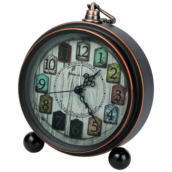 REGALWOVEN Vintage Mechanical Alarm Clock, Metal Casing, with Spherical Base, Ideal for Bedroom Nightstand Wood Grain Pattern 5.3"L x 1.8"W x 7.5"H