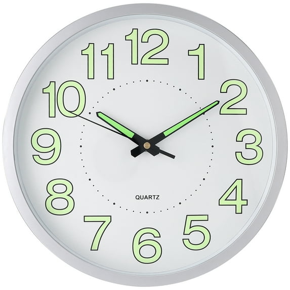 REGALWOVEN Wall Clock, Silent Non Ticking Battery Operated Modern Glow-In-The-Dark Clocks for Home Silver 12 inch