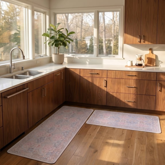 REGALWOVEN Washable Kitchen Rugs and Mats 2 Pack Set, Non-Slip Absorbent Kitchen Runner Rug, Polyester Floral Printed Floor Mat Beige 24" × 16"+ 47" × 16"