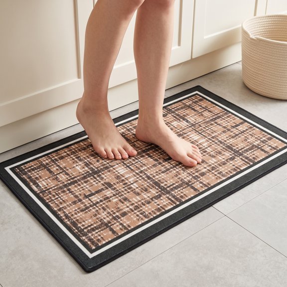 REGALWOVEN Washable Kitchen Runner Rug Non-Slip Tweed Grid Floor Mat 1 Pc for Kitchen Use with Ergonomic Support and TPE Backing Brown 30" x 18"