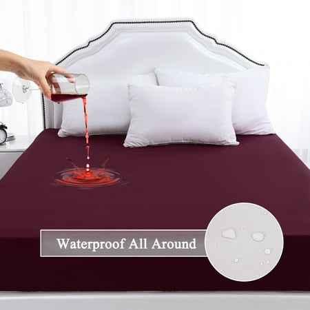 REGALWOVEN Waterproof All Around Mattress Protector Brushed Microfiber Bed Cover Pad Burgundy Queen