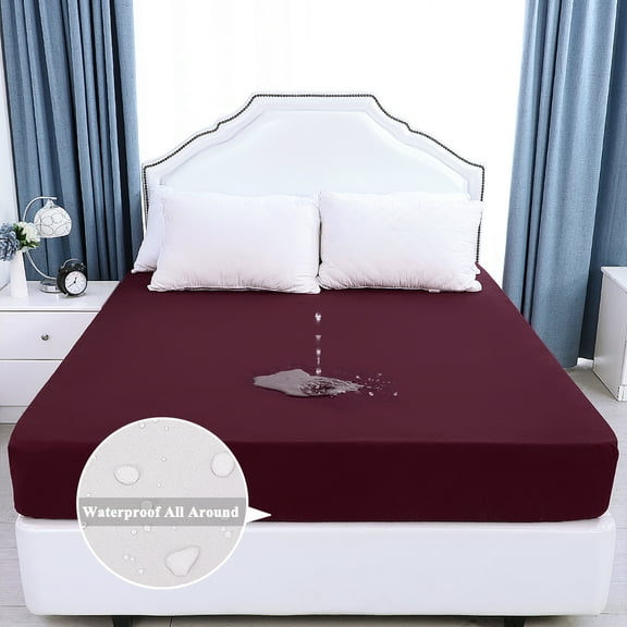 REGALWOVEN Waterproof Mattress Protector Brushed Microfiber Bed Cover Pad Burgundy Queen