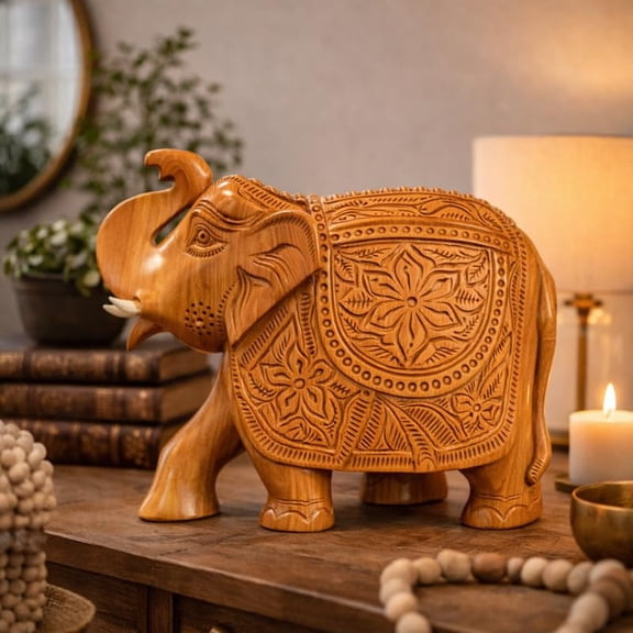 REGIIS OPERA Solid Wood Hand Carved Elephant Idol 4 Inch Brown