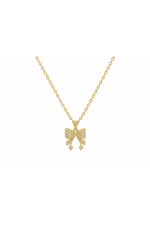 - Gold Ribbon Pendant Necklace for Women Elegant Bow Design Charm with Crystal Accents, Stylish Fashion Jewelry Gift