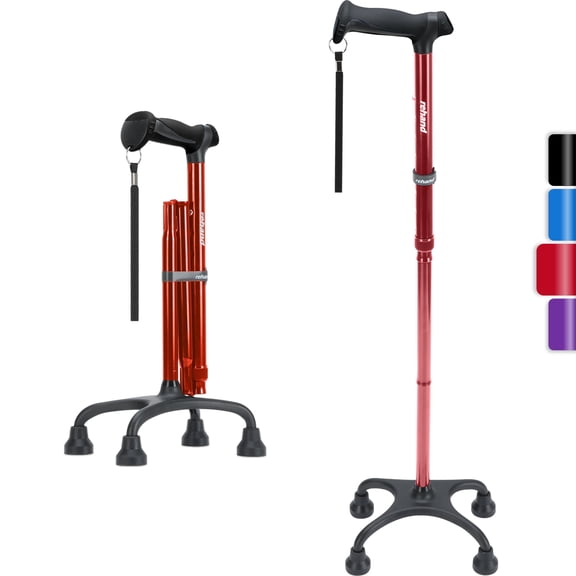 REHAND Adjustable Foldable Quad Cane,Lightweight Walking Cane for Men & Women with 4-Pronged Base for Extra Balance & Stability,Red