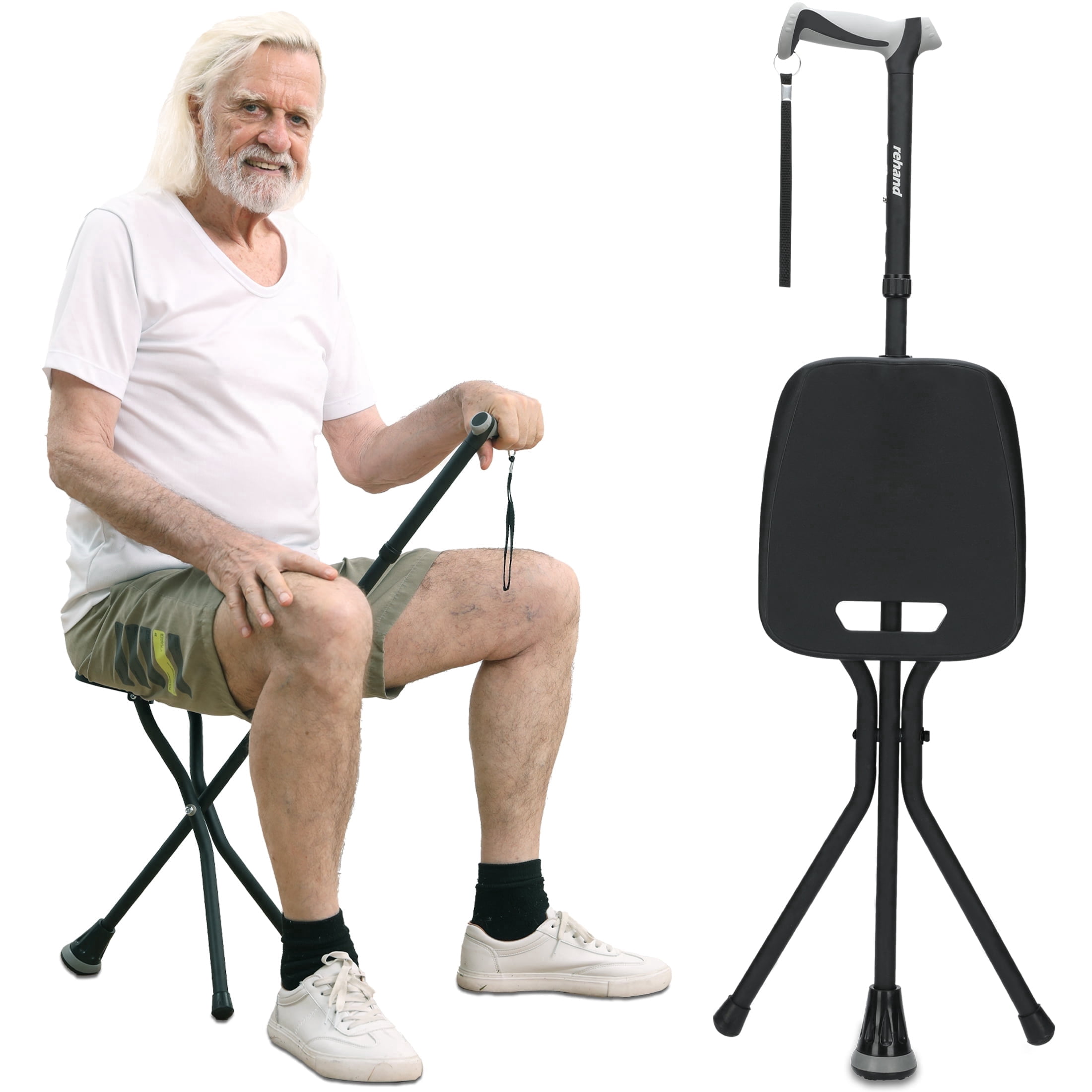 Rehand  Walking Cane with Seat, Folding Adjustable Lightweight,Black