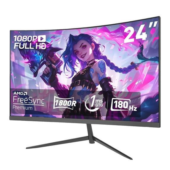 REHISK 24-Inch Curved Gaming Monitor 180Hzms Full HD 1920x1080 with HDMI、DP、USB-A、3.5MM Audio Port