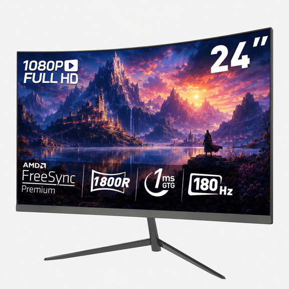 REHISK 24 Inch Curved Gaming Monitor, FHD 1080P 180Hz 1ms Computer Monitor for Gaming and Office, 1800R, FreeSync & G-Sync Compatible, HDMI DP, Built-in Speakers