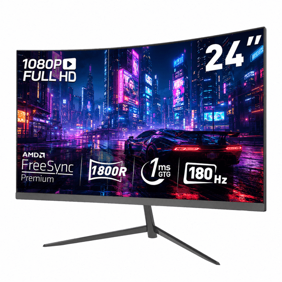 REHISK 24 Inch Curved Gaming Monitor, FHD 1080P 180Hz 1ms Monitor, 1800R Computer Monitor with FreeSync, G-Sync Compatible, HDMI DP, VESA, Built-in Speakers