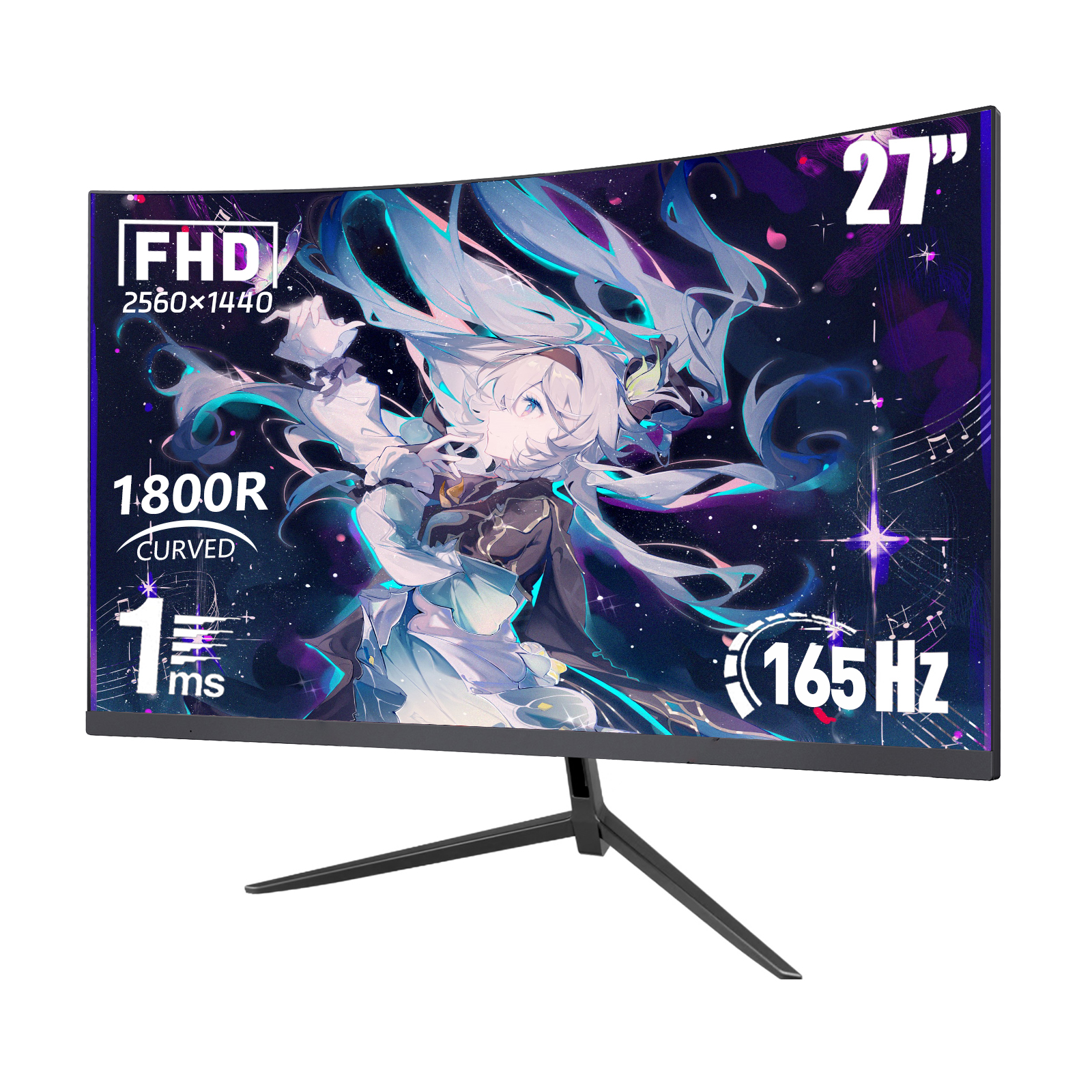 REHISK 27" 2K Curved Gaming Monitor 180Hz QHD 2560 x 1440p Computer Monitor, DP/HDMI 120% sRGB HDR Eye Care Metal Stand