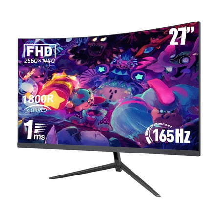 REHISK 27-inch 165Hz Curved Gaming Monitor, Ultra Wide 16:9 1440p PC Monitor for Laptop with 2*Speakers, 1ms AMD, QHD2K(2560 x 1440p) HDR Computer Monitor Support HDMI&DP, Metal Black