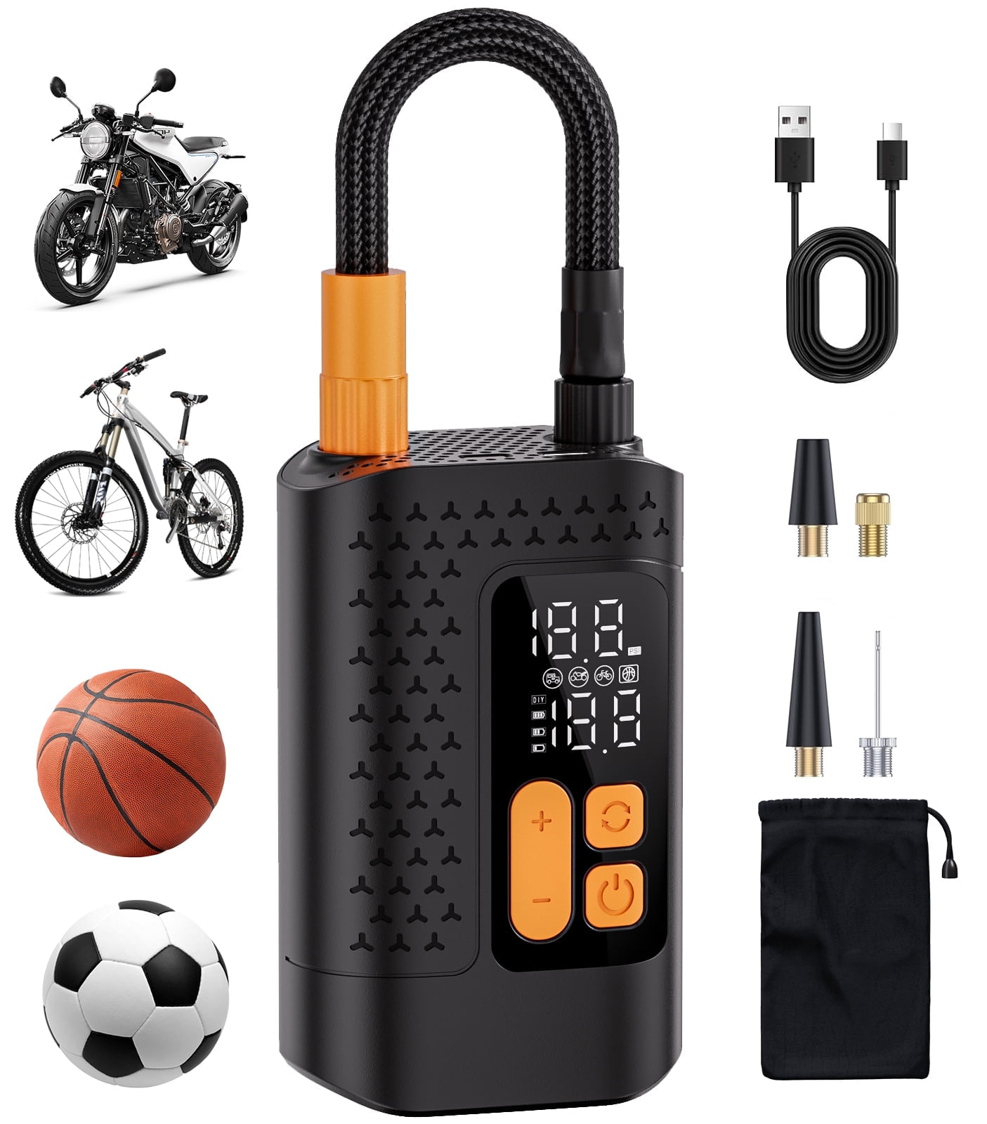 REHOTTOP Electric Bike Pump, 150PSI Inflate Bicycle Pump with Guage, Portable Air Pump with Presta and Schrader Valve, Tire Pump for Road Bike, Mountain Bike, E-Bike