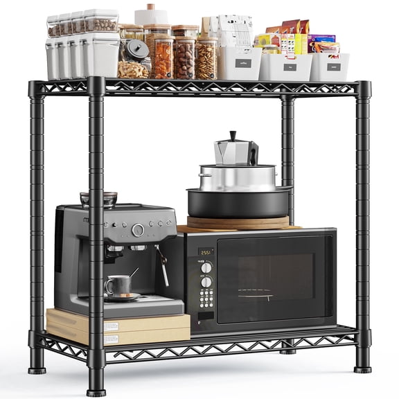 REIBII 2-Tier Wire Shelving Unit,27.5"W x 11.8"D x 27.5"H Adjustable Metal Storage Rack Space Saving Organizer for Kitchen Pantry,Black