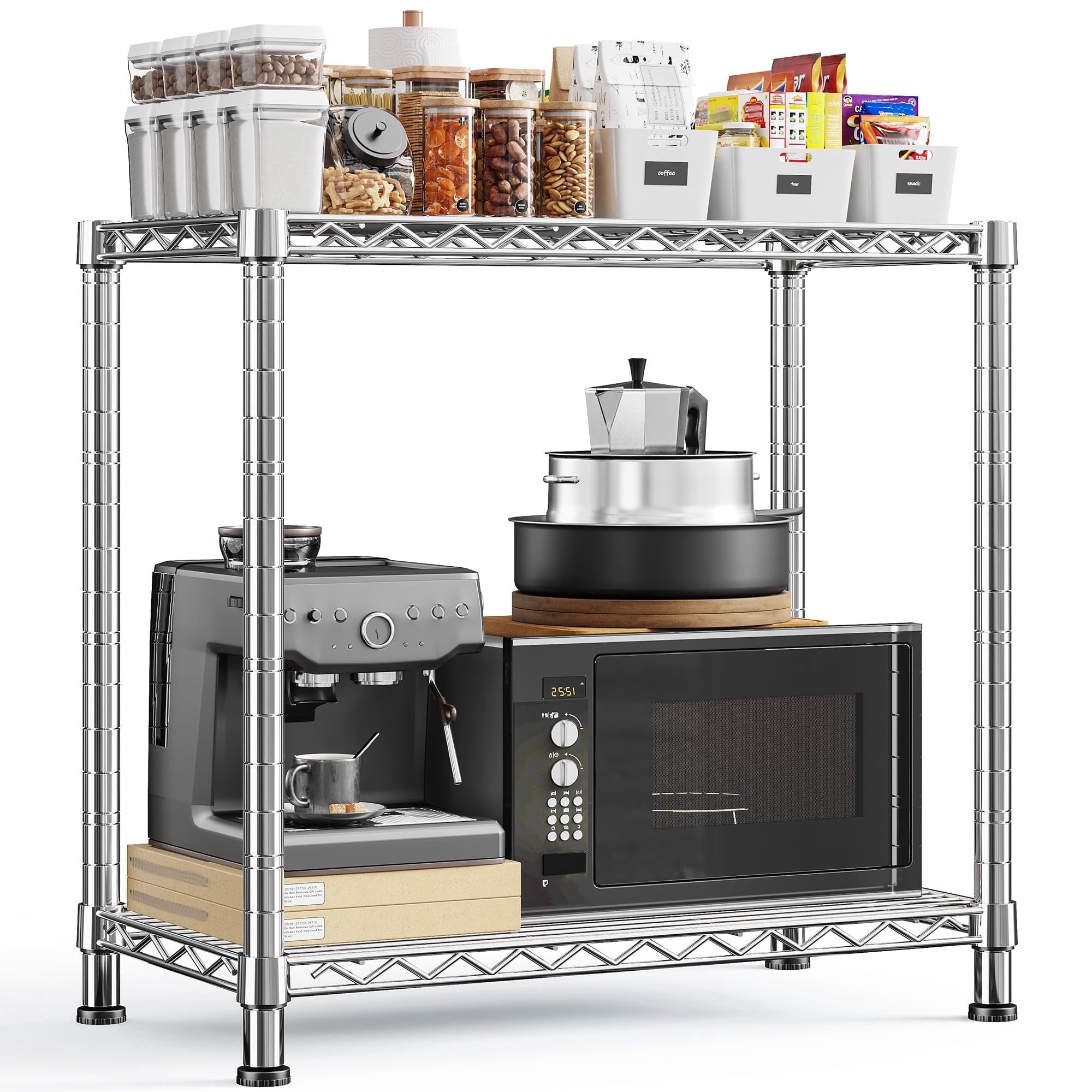 REIBII 2-Tier Wire Shelving Unit,27.5"W x 11.8"D x 27.5"H Adjustable Metal Storage Rack Space Saving Organizer for Kitchen Pantry,Chrome