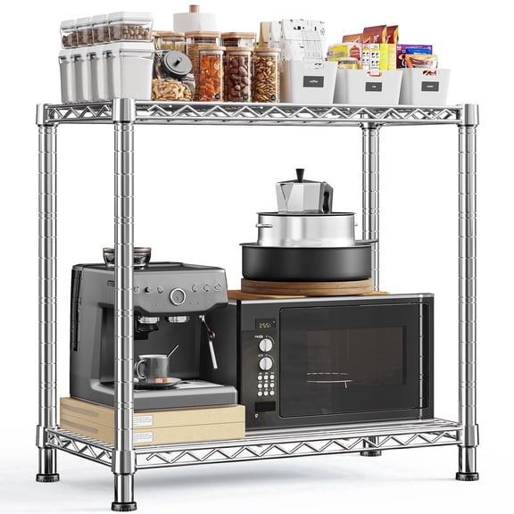REIBII 2-Tier Wire Shelving Unit,27.5"W x 11.8"D x 27.5"H Adjustable Metal Storage Rack Space Saving Organizer for Kitchen Pantry,Chrome
