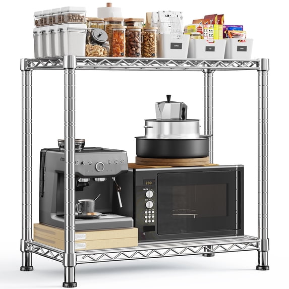 REIBII 2-Tier Wire Shelving Unit,27.5"W x 11.8"D x 27.5"H Adjustable Metal Storage Rack Space Saving Organizer for Kitchen Pantry,Chrome