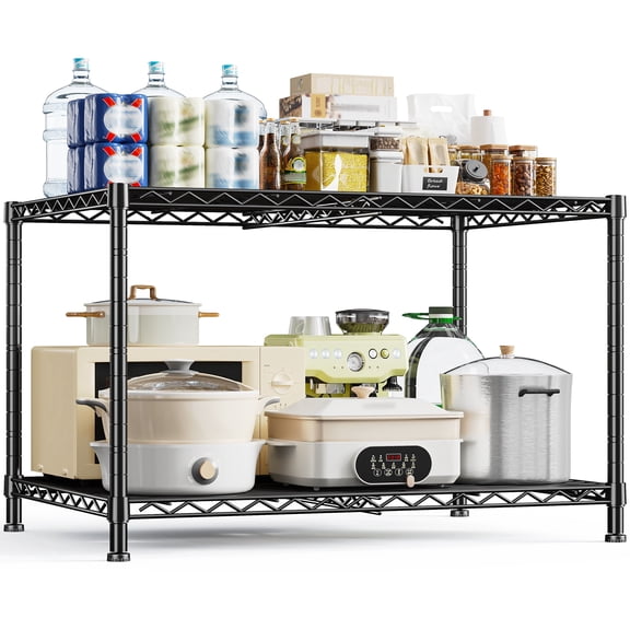 REIBII 2-Tier Wire Shelving Unit,35.4"W x 23.6"D Extra Deep Metal Storage Rack, Adjustable Shelves,Kitchen Appliance Shelf,Pantry Organizer,Laundry,Garage Storage,Black