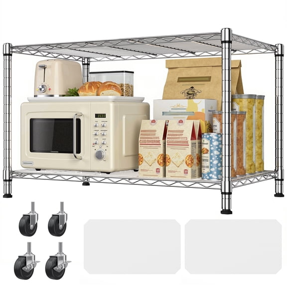 REIBII 2 Tier Wire Shelving Unit with Wheels,Heavy Duty Kitchen Appliance Shelf,36"W x 18"D Metal Storage Shelves for Pantry Garage Laundry,300 lbs Per Shelf,Chrome