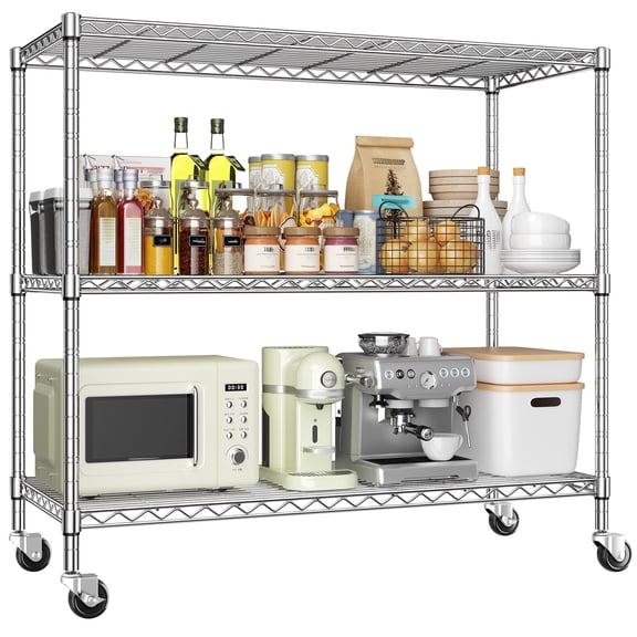 REIBII 3-Tier Heavy Duty Metal Wire Shelving Unit with Wheels,45"W Adjustable Rolling Storage Rack for Kitchen,Garage,Pantry,450 lbs Capacity,Chrome