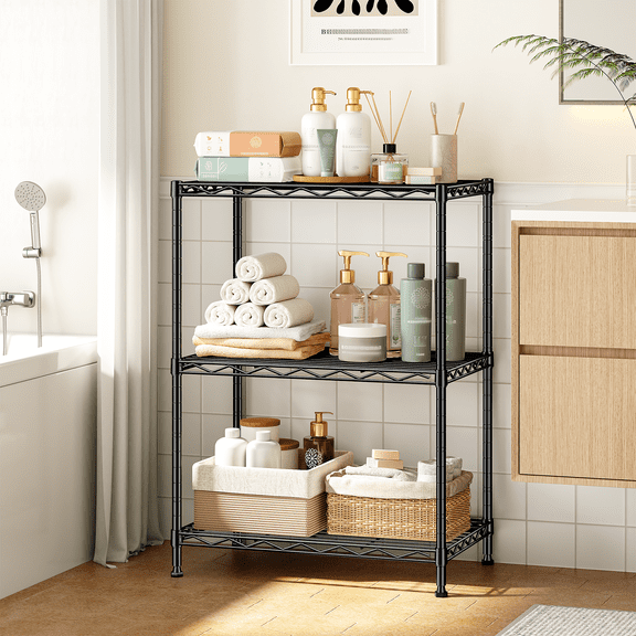 REIBII 3 Tier Metal Storage Shelves,Adjustable Small Wire Shelving Unit,Laundry Room Shelves,35"H x 18"W x 12"D Kitchen Pantry Organizers,Black